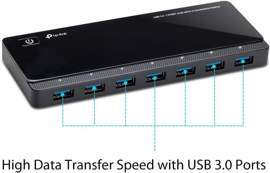 Powered USB Hub 3.0 with 7 USB 3.0 Data Ports and 2 Smart Charging USB Ports