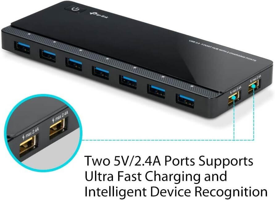 Powered USB Hub 3.0 with 7 USB 3.0 Data Ports and 2 Smart Charging USB Ports